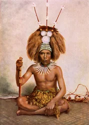 Ein Manaia, der Sohn eines samoanischen Häuptlings (Matai) mit einem Tuiga-Kopfschmuck